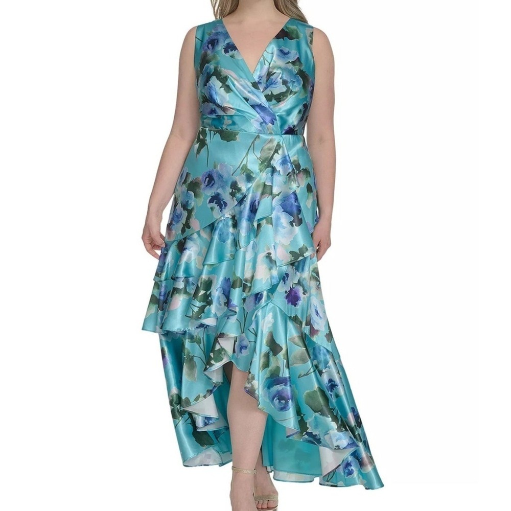 Eliza J Floral Print Satin Wrap Style Cyan V Neck Sleeveless Dress Womens 14W